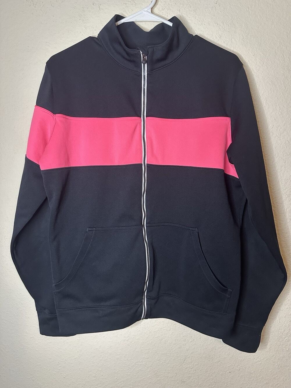 EUC Under Armour Track Jacket Womens LG Black Neon Pink Full Zip Semi Fitted